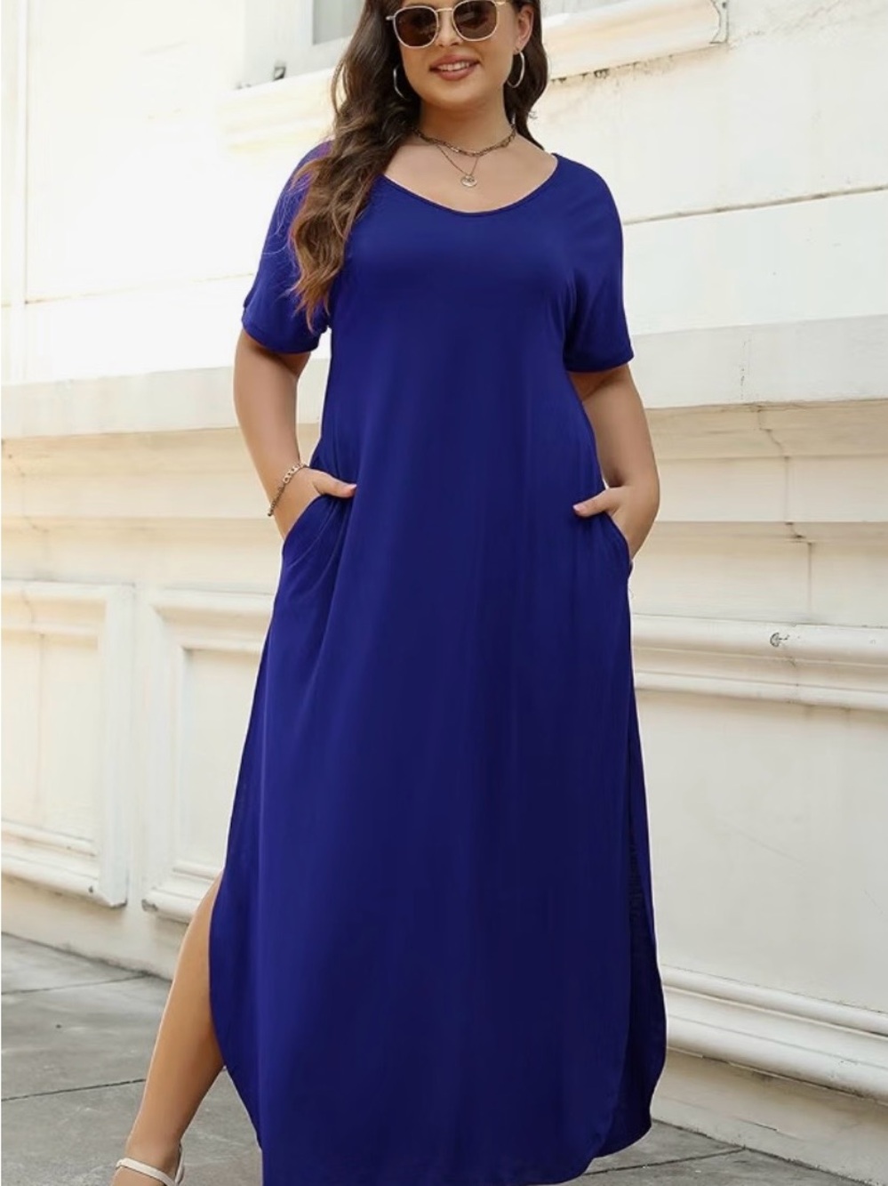 Nemidor Plus Size Short Sleeve Maxi Dress in Royal Blue with Pockets NWT